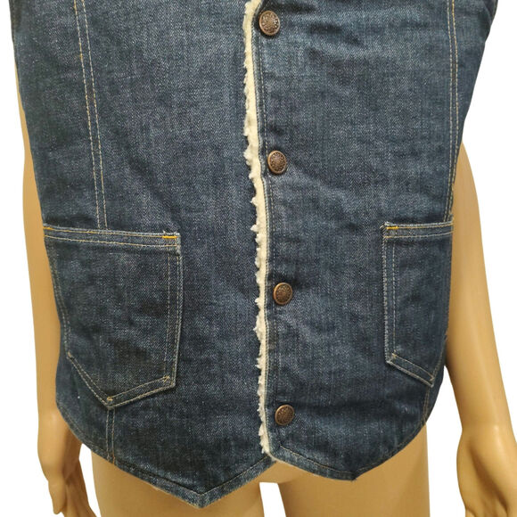 1960s Blue Denim Western Sherpa Vest Seams Brass Snaps Closure Pockets Size Med - Picture 6 of 9